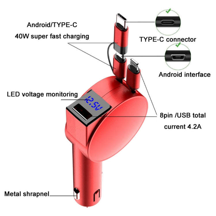 3 In 1 40W Fast Charging Dual Cable Retractable Car Charger(Black)