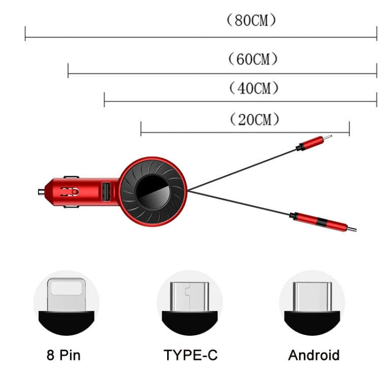 3 In 1 USB Dual Cable Single Pull Retractable Car Charger(Red)