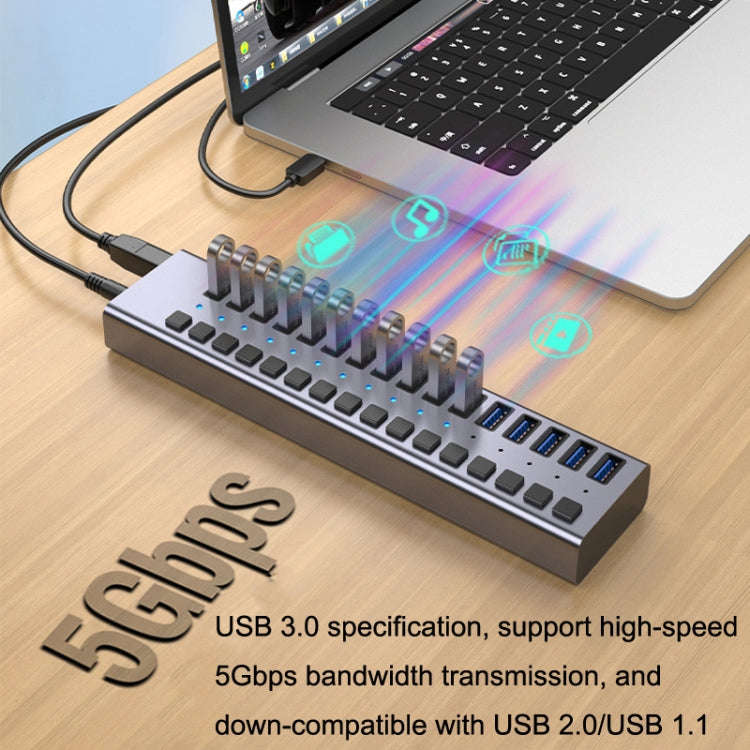 HS-716MG USB3.0 Plastic Shell Black 10 Ports 12V/4A Extension Docking Computer Camera HUB