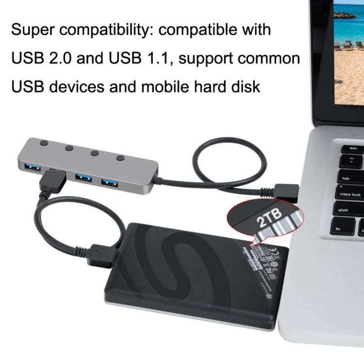 HS0059 Independent Switch USB 3.0 4 Ports Extension Type-C / USB-C Aluminum Alloy HUB, Cable Leng...