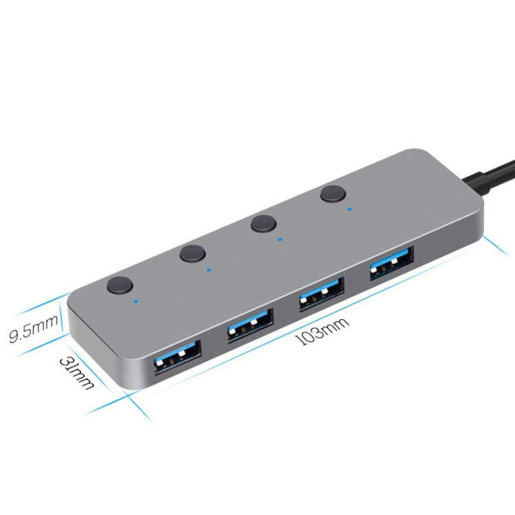 HS0059 Independent Switch USB 3.0 4 Ports Extension Type-C / USB-C Aluminum Alloy HUB, Cable Leng...