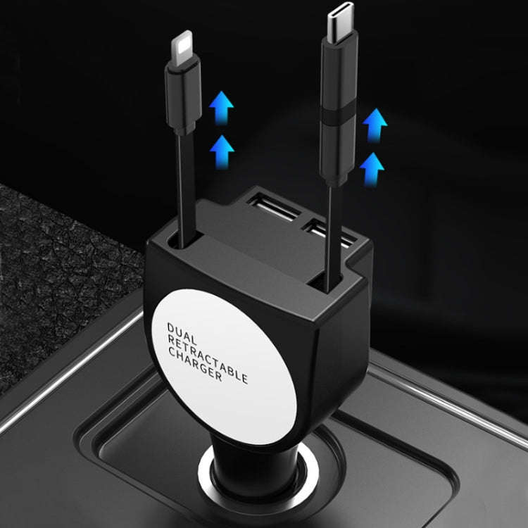 3 In 1 3.1A Dual USB Single Pull Retractable Fast QC3.0 Car Charger(Black)