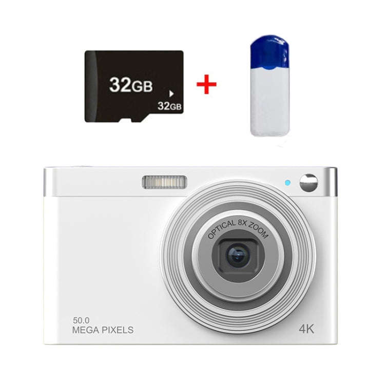 C13 2.88 inch 4K 8X Optical Zoom Telescopic Lens HD Digital Camera, Spec: White+Card Reader+32G