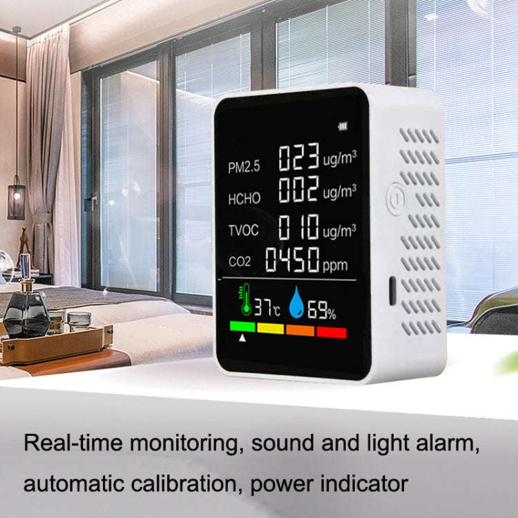 ZN-2COWT 6 In 1 PM2.5 Infrared Sensor CO2 Formaldehyde TVOC Temperature Humidity Detector(White)