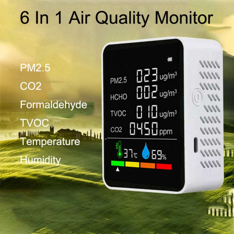 ZN-2COWT 6 In 1 PM2.5 Infrared Sensor CO2 Formaldehyde TVOC Temperature Humidity Detector(White)