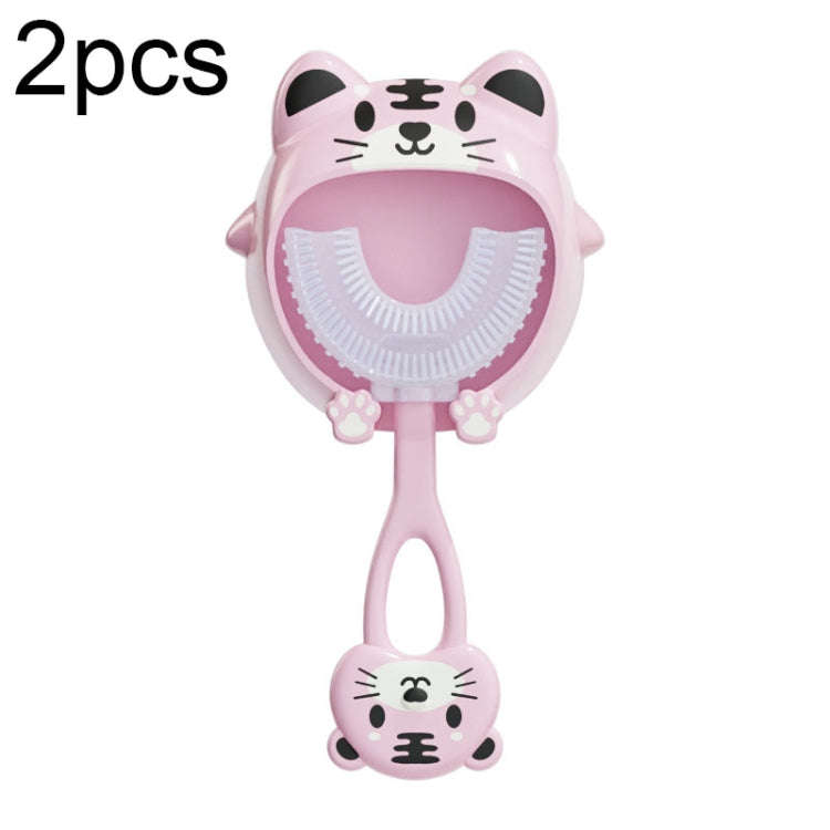 S8 2pcs Children Cartoon Animal Manual U-shaped Silicone Toothbrush for 2-12 Years Old(Pink Tiger)