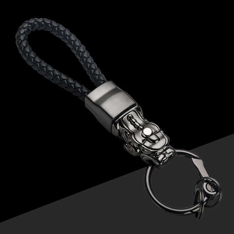Braided Leather Rope Brave Troops Keychain With LED Light Metal Pendant(Black+Black Rope)