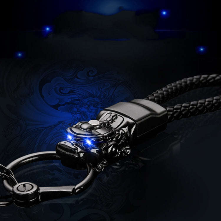 Braided Leather Rope Brave Troops Keychain With LED Light Metal Pendant(Black+Black Rope)