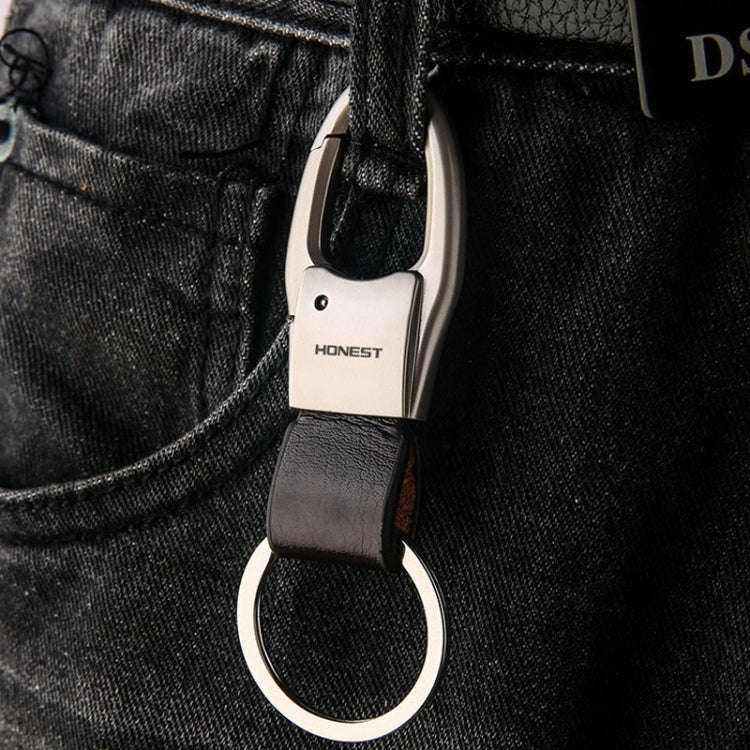 HONEST Leather Car Keychain Simple Circle Ring Pendant Keychain(Black)