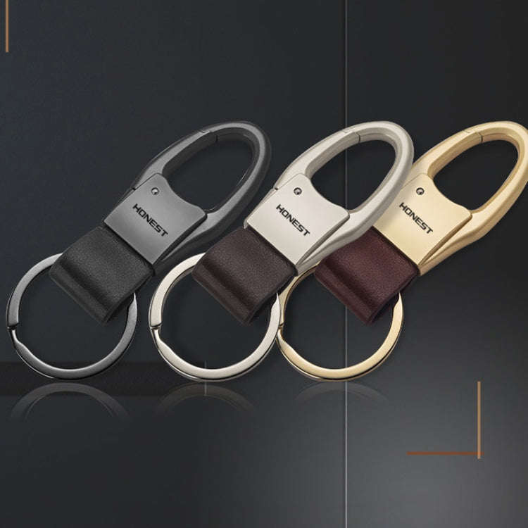 HONEST Leather Car Keychain Simple Circle Ring Pendant Keychain(Black)