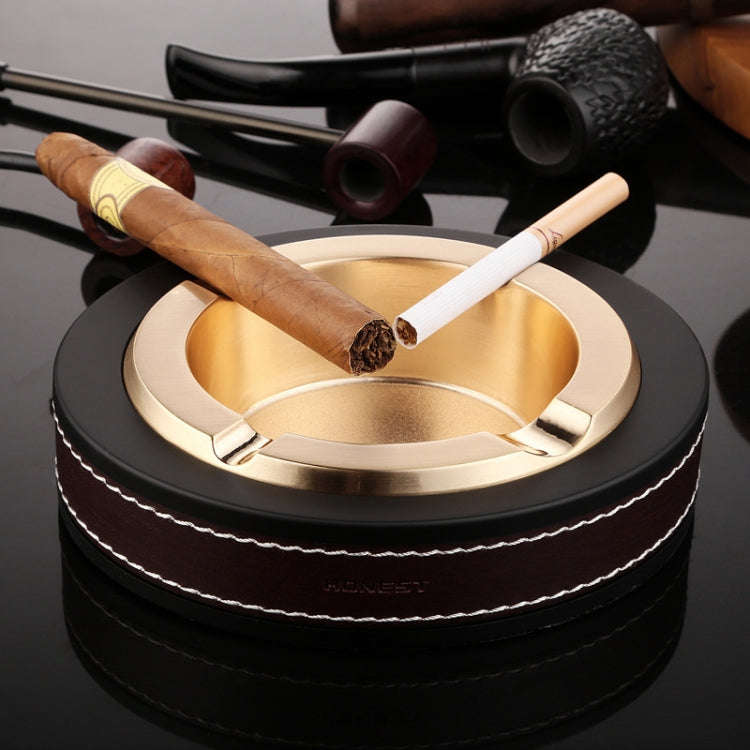 HONEST Cigar Ashtray Metal Cowhide Leather Personalized Ashtray, Color: Gold
