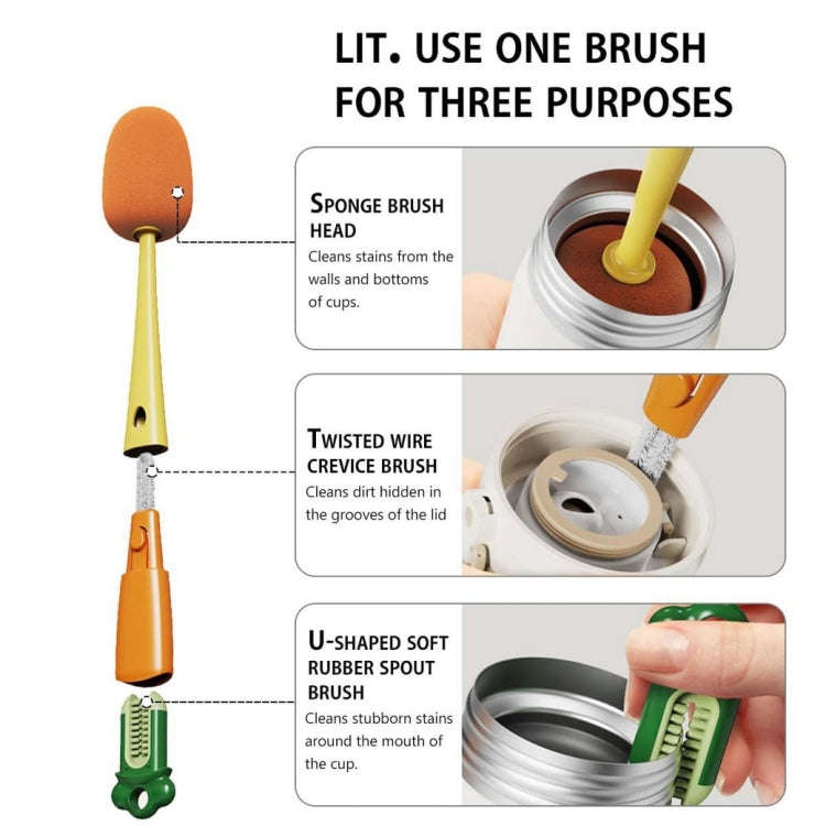 Long Handle Household Multifunctional Cup Washing Brush Carrot Shape 3 In 1 Cleaning Brush(Yellow)
