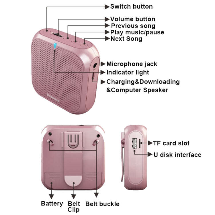 Rolton K400 Mini Audio Speaker Megaphone Voice Amplifier  Support FM Radio TF MP3(Rose Gold)