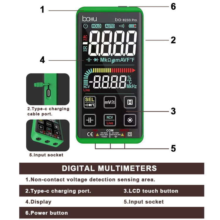 BAKU BA-8233 Pro Electric Maintenance Resistor Current Touch Screen Digital Mulitmeter(Green)