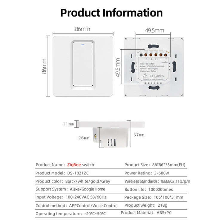 Tuya ZigBee Smart Single-fire Zero-fire Sharing Switch Phone Control Voice Panel EU Plug, Spec: 2...