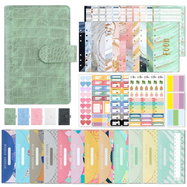 A6 Crocodile Pattern PU Leather Loose-Leaf Binder Budget Notebook Cash Envelope Organizer(Bean Gr...