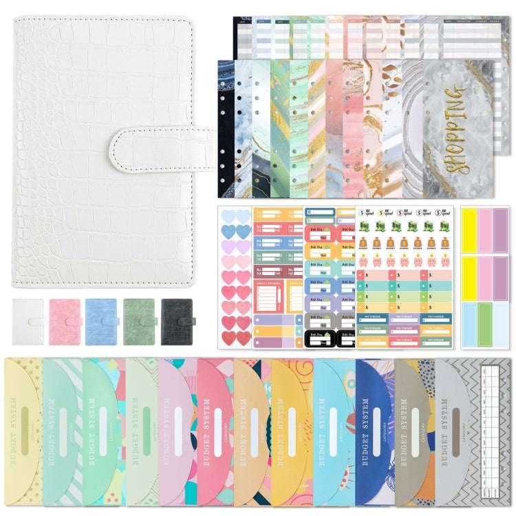 A6 Crocodile Pattern PU Leather Loose-Leaf Binder Budget Notebook Cash Envelope Organizer(Warm Wh...