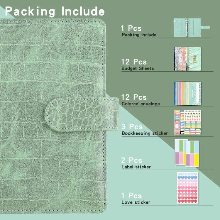 A6 Crocodile Pattern PU Leather Loose-Leaf Binder Budget Notebook Cash Envelope Organizer(Rock Gray)