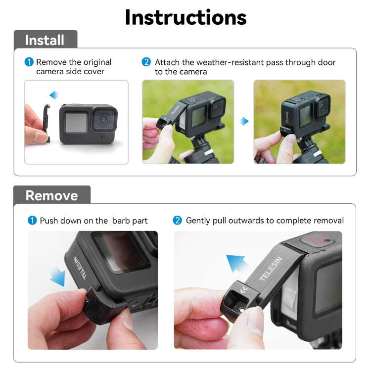 For GoPro Hero11 Black / HERO10 Black /9 Black TELESIN Weather-resistant Side Cover Easy Removabl...