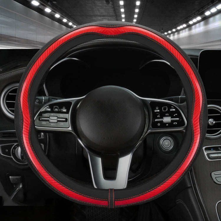 Car Steering Wheel Carbon Fiber Breathable Wear-resistant Leather Case, Size: 38cm(Red Round)