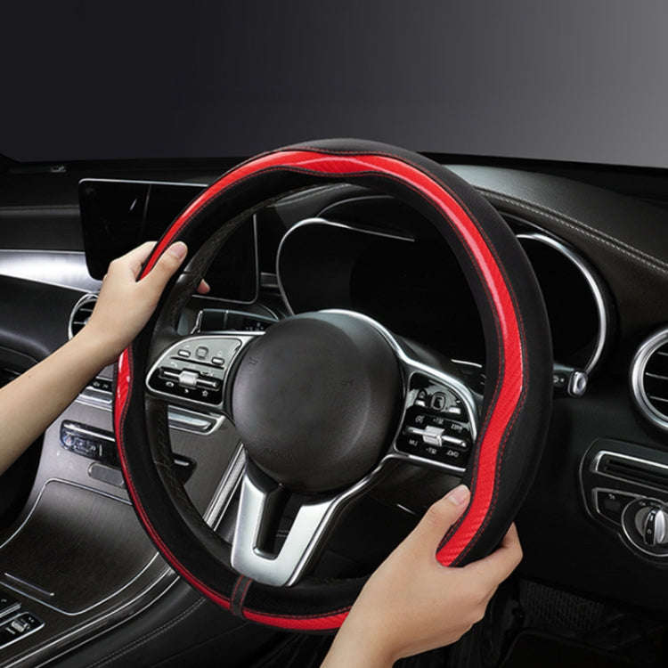 Car Steering Wheel Carbon Fiber Breathable Wear-resistant Leather Case, Size: 38cm(Red D Shape)