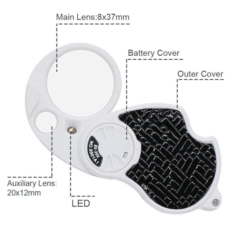 6901A 8X 20X Double Lens Folding Magnifier With LED Lamp and Keychain(Silver)