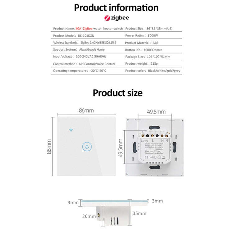 Tuya ZigBee 40A Smart High Power Water Heater Light Air Conditioner Switch Time Voice Remote Cont...