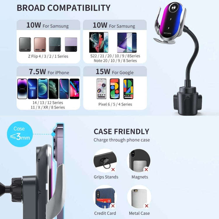 Double Coil Car Wireless Charger Water Cup Holder For Apple14 / 13 / Samsung ZFLIP4 Series