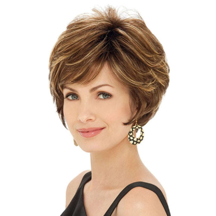 WIG-330 Ladies Fluffy Short Curved Head Set Chemical Fiber Wig(Brown+Gold Yellow)