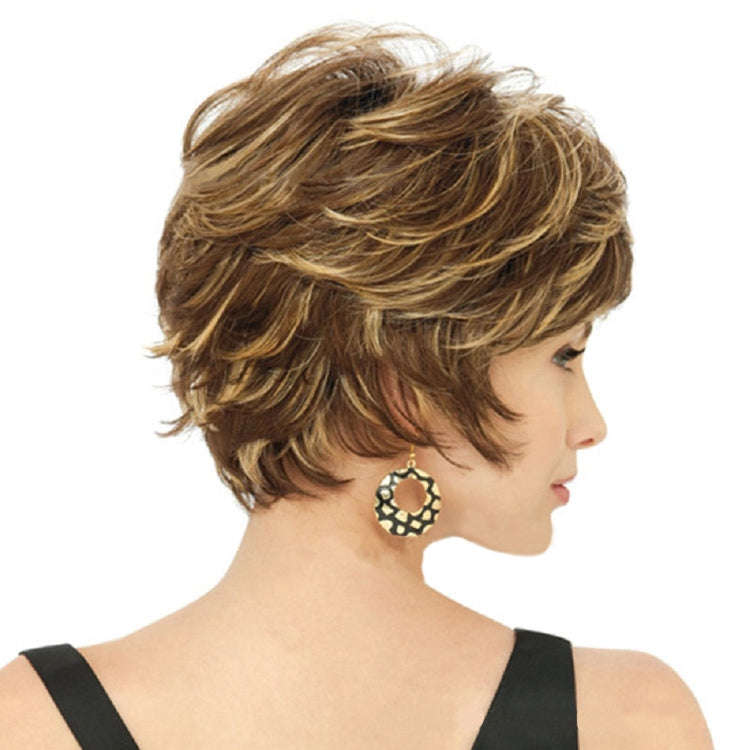 WIG-330 Ladies Fluffy Short Curved Head Set Chemical Fiber Wig(Brown+Gold Yellow)