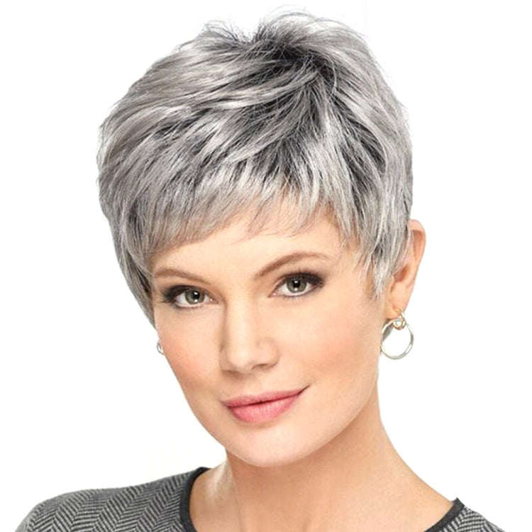 Wig-335 Mixed Silver Gray Ladies Short Straight Hair Wig High Temperature Silk Chemical Fiber Hea...