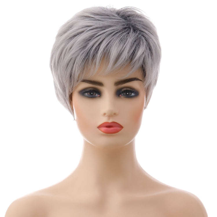 Wig-335 Mixed Silver Gray Ladies Short Straight Hair Wig High Temperature Silk Chemical Fiber Hea...