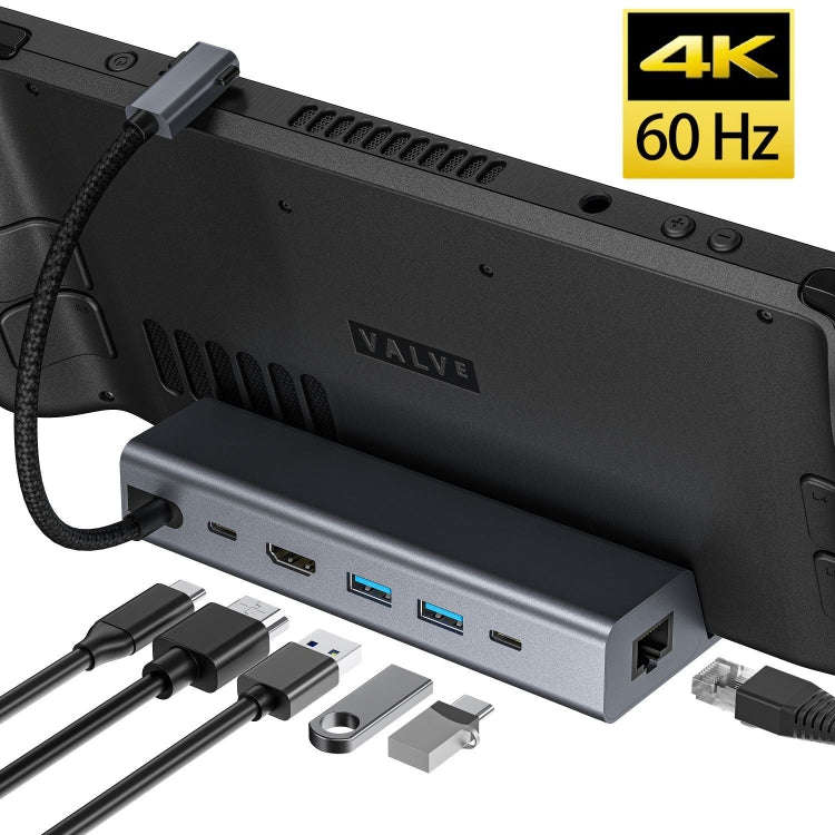 For Steam Deck HDMI+RJ45+2 USB 3.0 +USB-C/Type-C 3.0+USB-C PD 100W  6-In-1 Base Docking Station B...