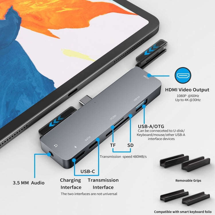 For IPad Pro 7-In-1 HDMI 4K + 3.5mm Audio + SD/TF+ 1 USB 3.0 + USB-C/Type-C + PD USB-C Docking St...