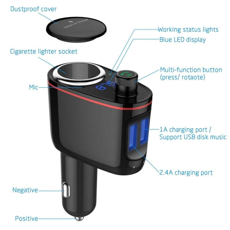 S-06 Bluetooth Multifunctional Car Cigarette Lighter 100W One for Two High Power Charger