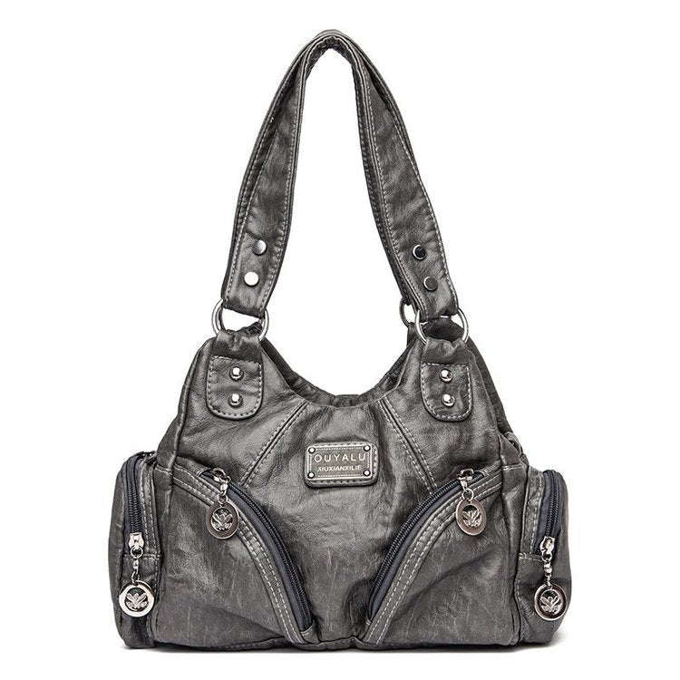 Retro Soft Leather Motorcycle Bag Women Diagonal Shoulder Bag(Grey)