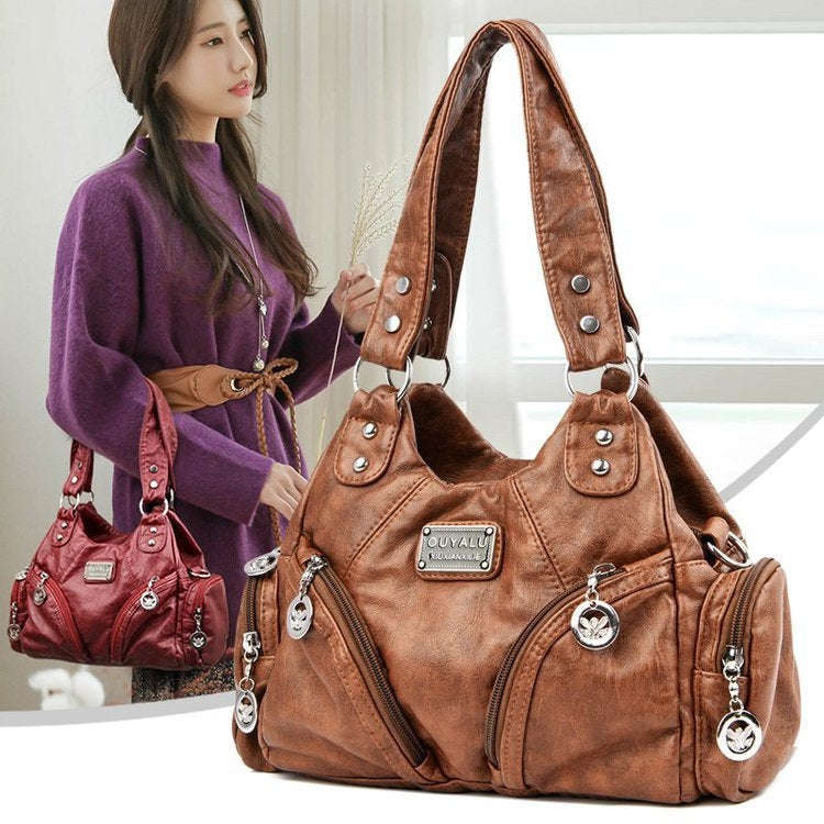 Retro Soft Leather Motorcycle Bag Women Diagonal Shoulder Bag(Grey)