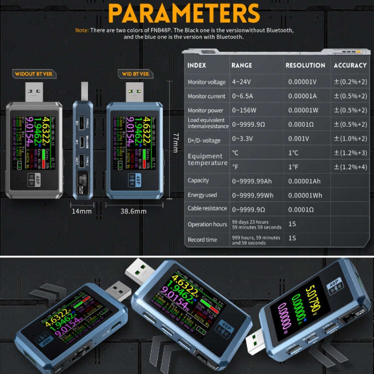 FNIRSI FNB48P USB Mobile Phone DC Power Charger Detector, Color: Without Bluetooth Black
