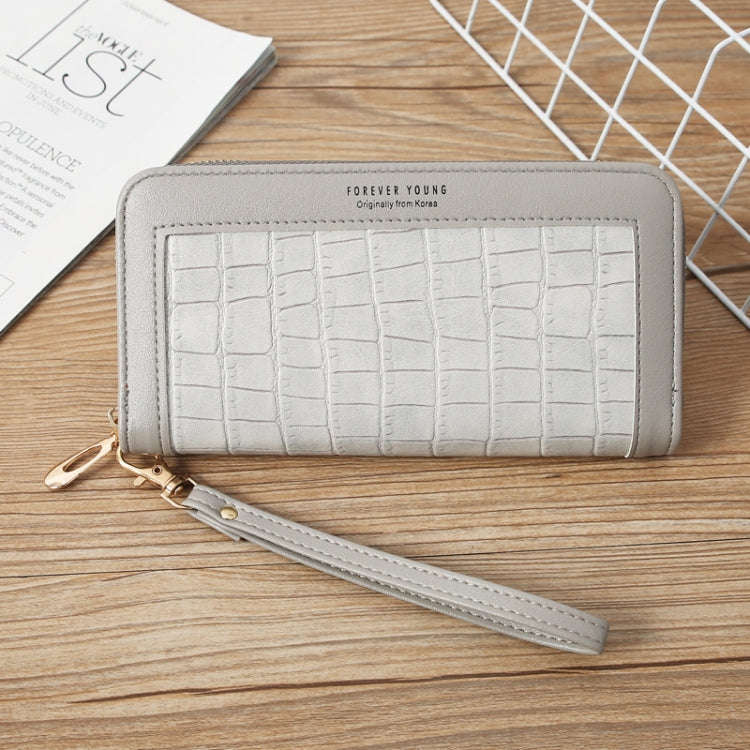 Single Zipper Ladies Wallet Long Wallet Crocodile Coin Purse Student Clutch(Light Grey)