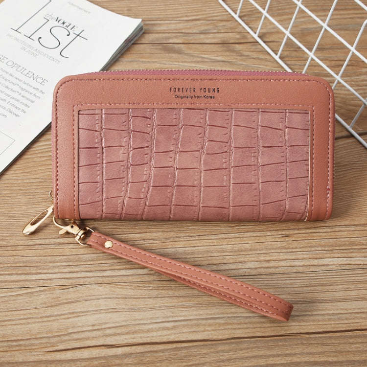 Single Zipper Ladies Wallet Long Wallet Crocodile Coin Purse Student Clutch(Dark Pink)