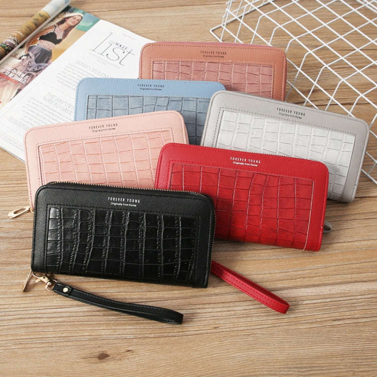 Single Zipper Ladies Wallet Long Wallet Crocodile Coin Purse Student Clutch(Light Grey)