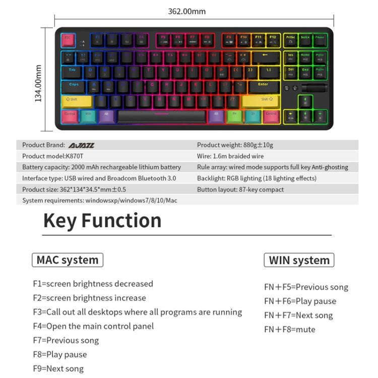 Ajazz K870T 87-Key Hot Swap Bluetooth/Wired Dual Mode RGB Backlight Office Game Mechanical Keyboa...
