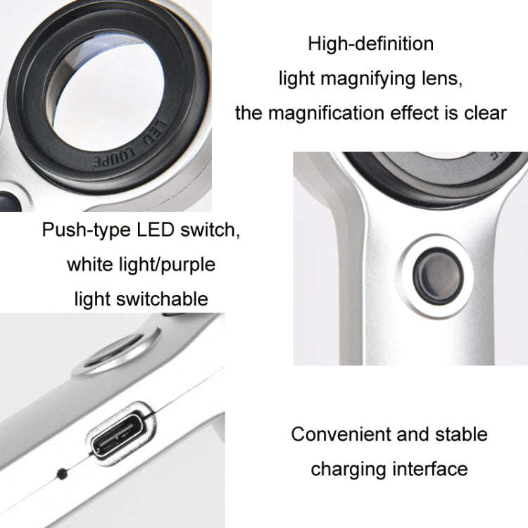 30X Handheld Rechargeable Jewelry Appraisal Magnifier LED Currency Detector Light