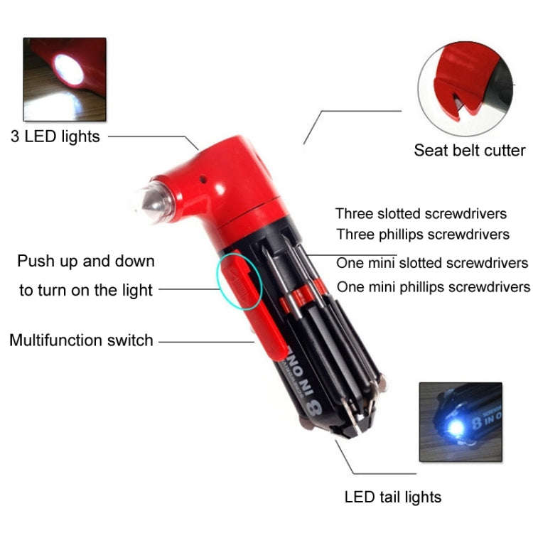 8 in 1 Multifunctional Car Safety Hammer with Screwdriver Flashlight