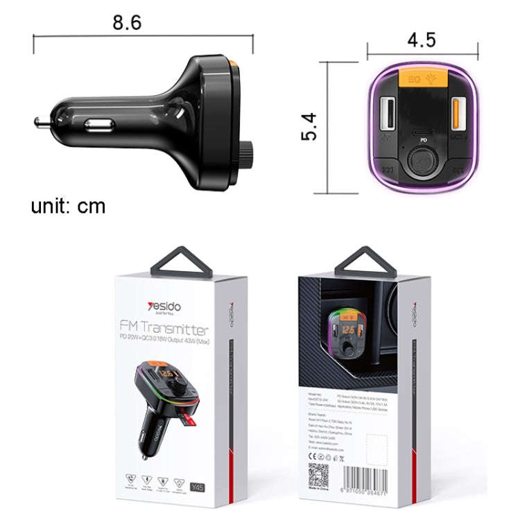 Yesido Y45 Car PD Charger Cigarette Lighter QC Car Charging USB Bluetooth Digital Display FM(Black)