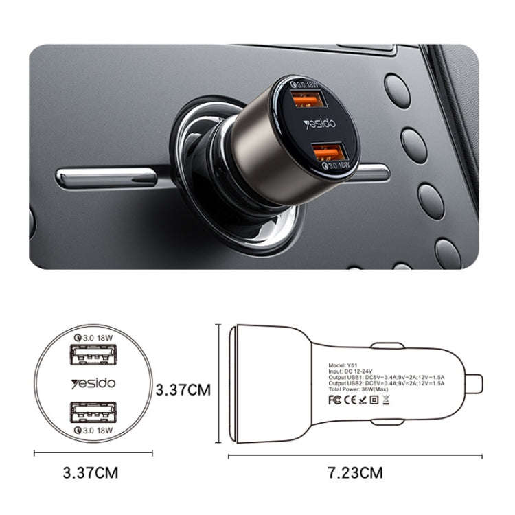 Yesido Y51 36W Dual-channel Fast Charging Zinc Alloy QC3.0 Car Charger(Black)