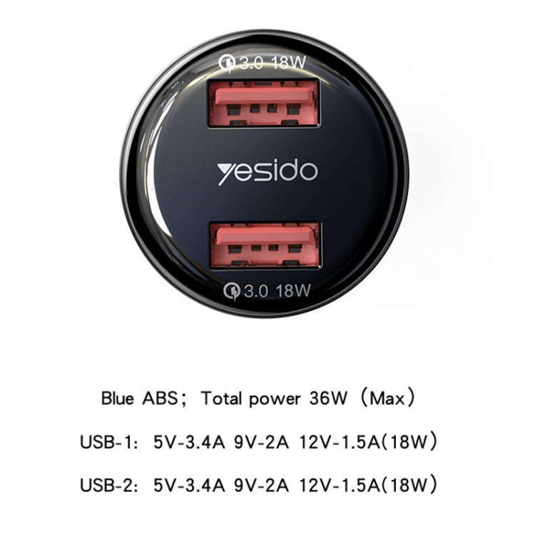 Yesido Y51 36W Dual-channel Fast Charging Zinc Alloy QC3.0 Car Charger(Black)