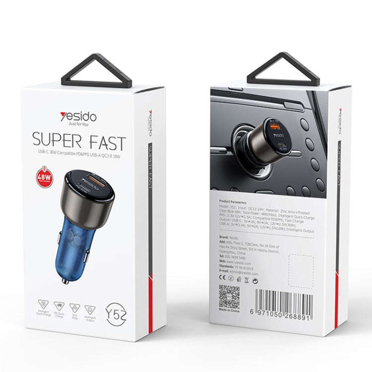 Yesido Y52 48W Dual-channel Fast Charging Zinc Alloy QC3.0 Car Charger(Black)