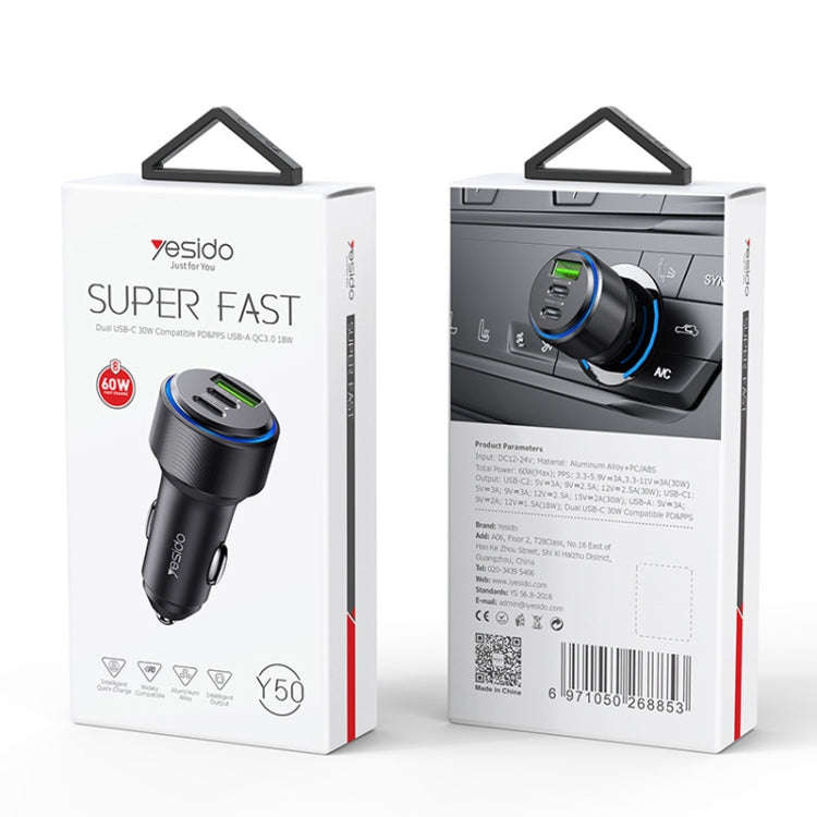 Yesido Y50 Car USB3.0 Fast Charger 30W Aluminum Alloy PD Fast Charging(Black)