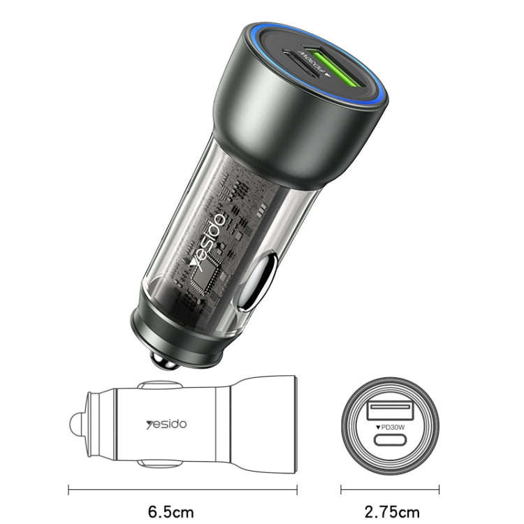 Yesido Y49 Car USB3.0 Fast Charger 30W Translucent PD Fast Charging(Black)